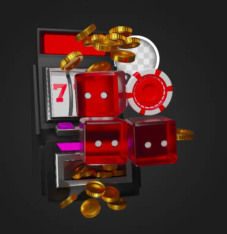Slot machine with dice, coins, and chips
